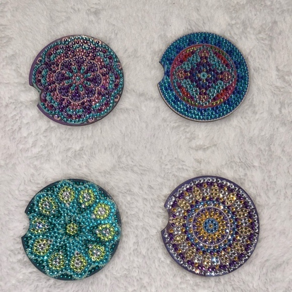 Completed Diamond Art Coasters Mandala Car Set! Set of 4!